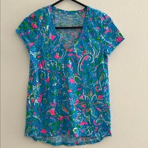 Lilly Pulitzer Vibrant Floral Short Sleeve Top - Blue and Pink